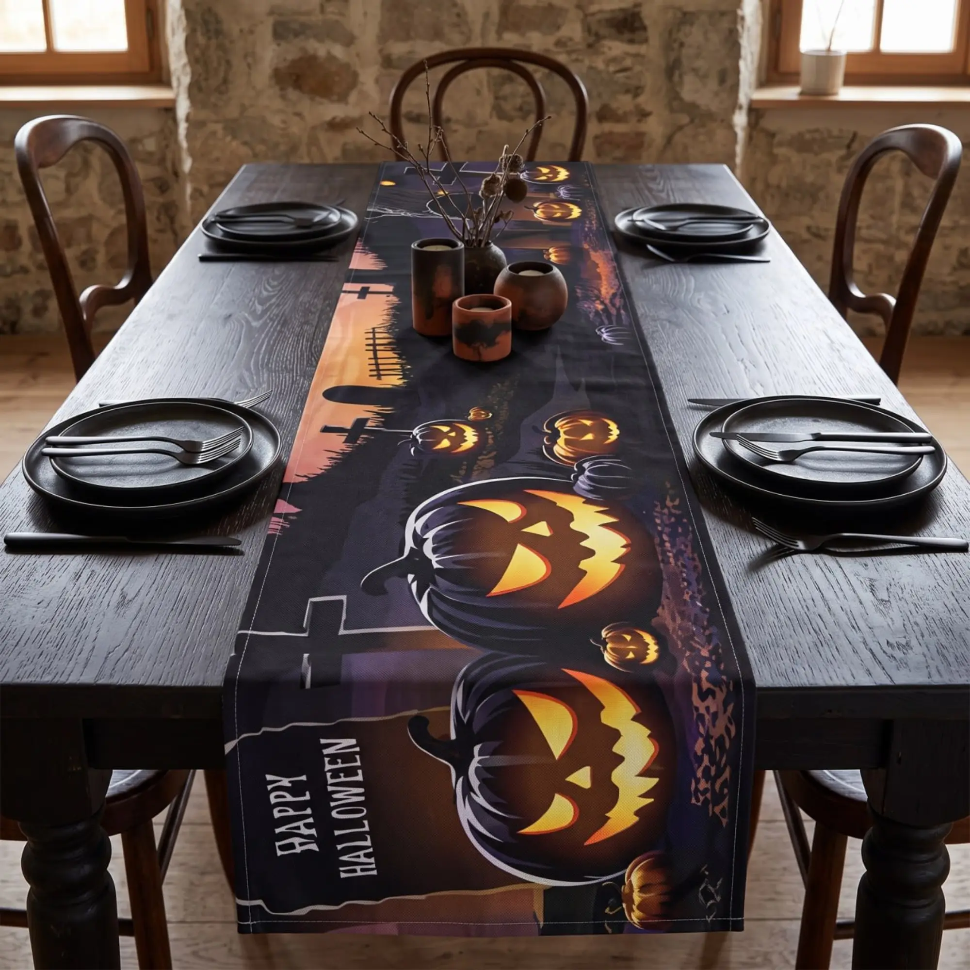 Halloween Table Runner, Pumpkin Table Runner, Spooky Halloween Table Decor, Jack O Lantern Table Runner, Farmhouse Dining Table Runner, Gothic Home Decor, Fall Party Decoration, Halloween Kitchen Table Linen Gift