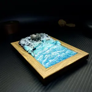 "The Lonely Elephant by the Seaside" Handcrafted Miniature Landscape Wooden Frame Drip Gel 3D Wall Hanging Desktop Ornament