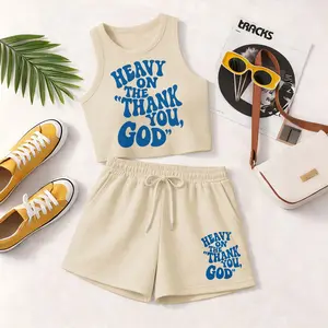 Women's Heavy On The Thank You God Print Sleeveless Tank Top And Drawstring Shorts Set, Casual Summer Sportswear Two Piece Outfit, Ribbed Knit Tank And Shorts Set For Everyday Wear