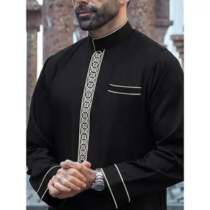 Elegant Men's Golden Embroidered Stand Collar Kandora - Polyester, Non-Stretch, Geometric Pattern, Loose Fit Arabic Robe with Faux Pockets