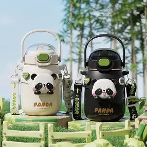 24oz Insulated Water Bottle with Straw Lid & Panda Charm - Leakproof Thermal Flask with Detachable Shoulder Strap & Handle - 12H Hot/24H Cold, BPA Free,  School Hiking Gym Essentials