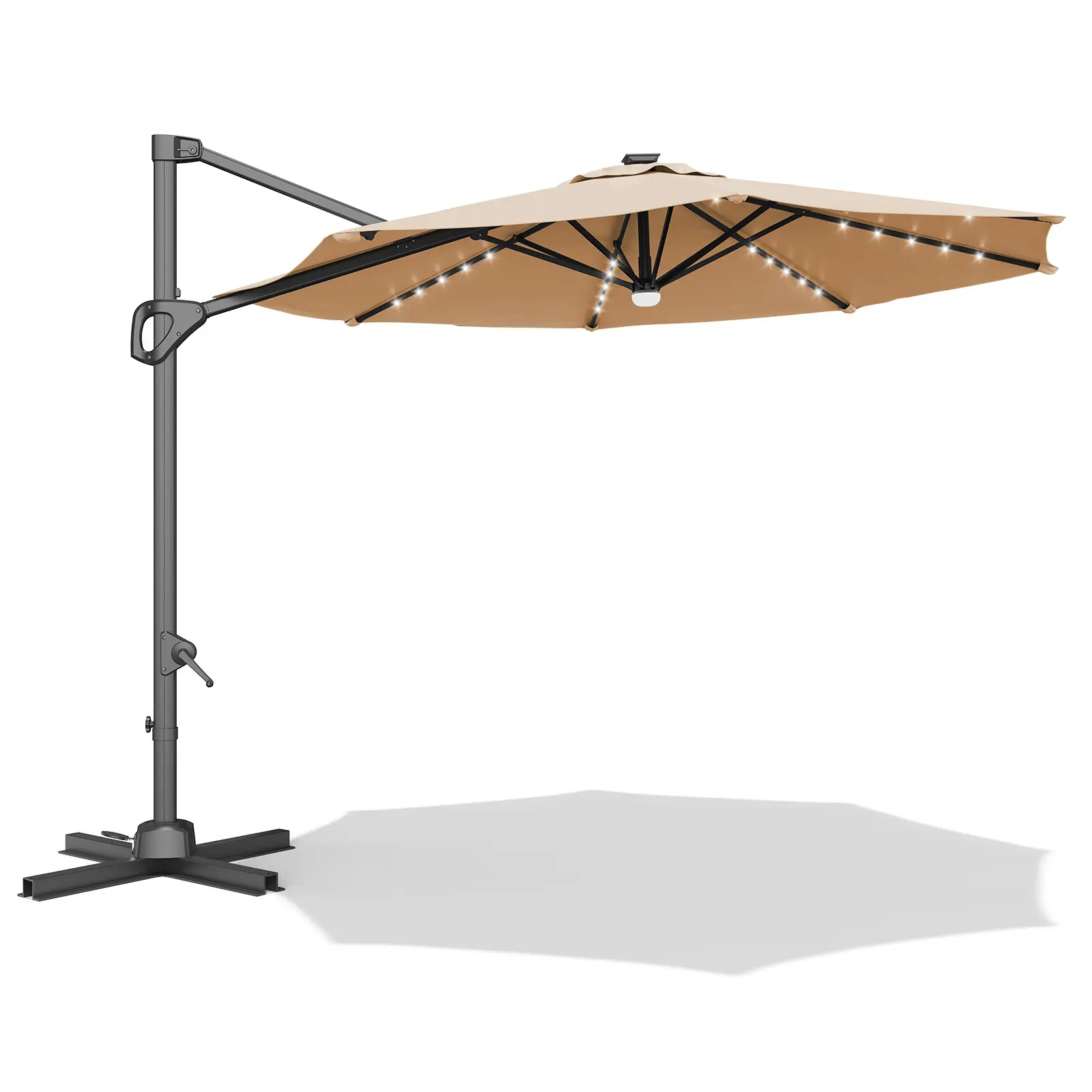 10FT Solar LED Offset Patio Umbrella, 360° Rotating Cantilever Sun Shade, Easy Tilt Design with Cross Base, UV Resistant Brown Outdoor Parasol for Patio Deck Pool Backyard