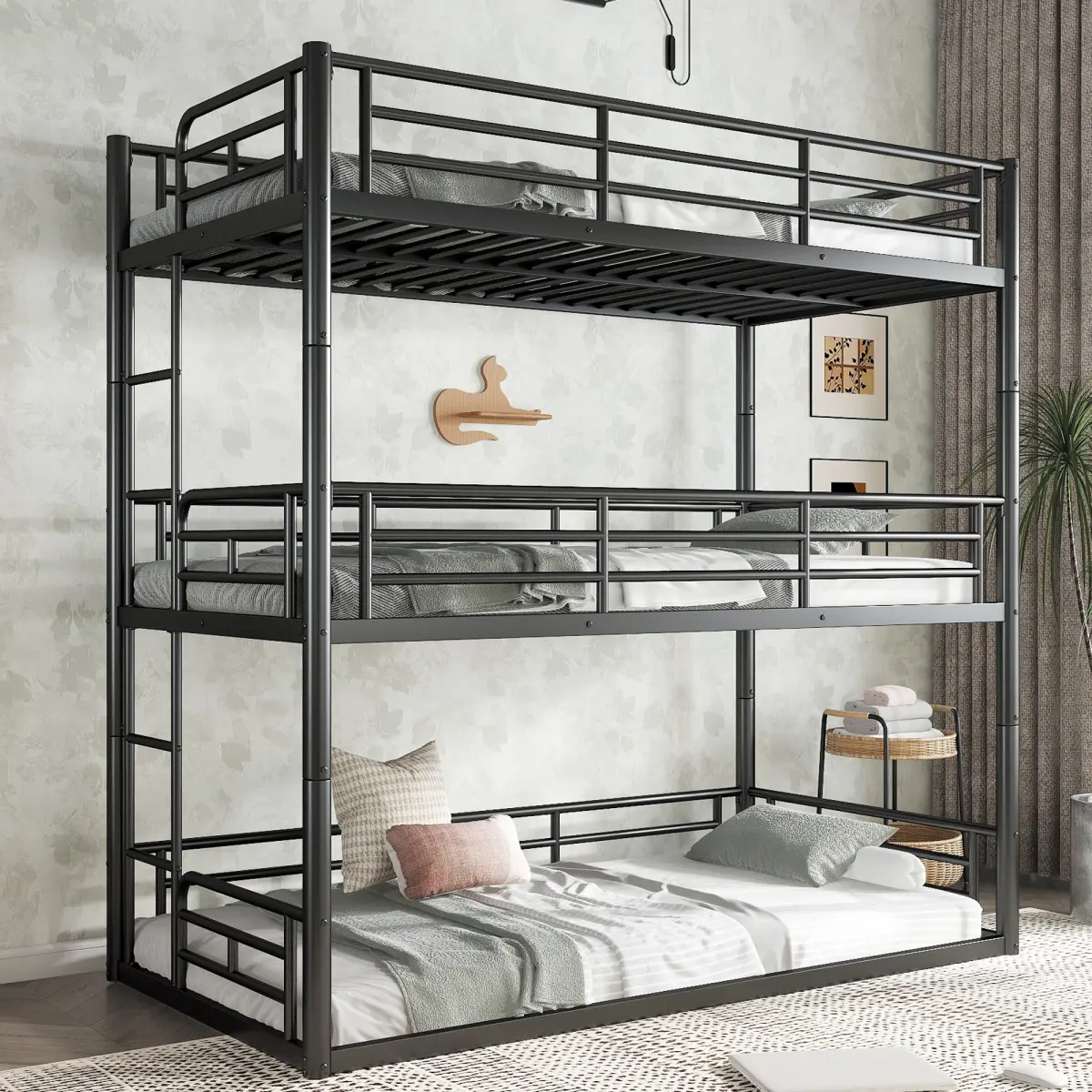 Triple Bunk Bed Twin over Twin over Twin Bunk Bed, Heavy-Duty Metal Triple Bunk Bed Frame with Safety Guardrails, Noise Free, Black