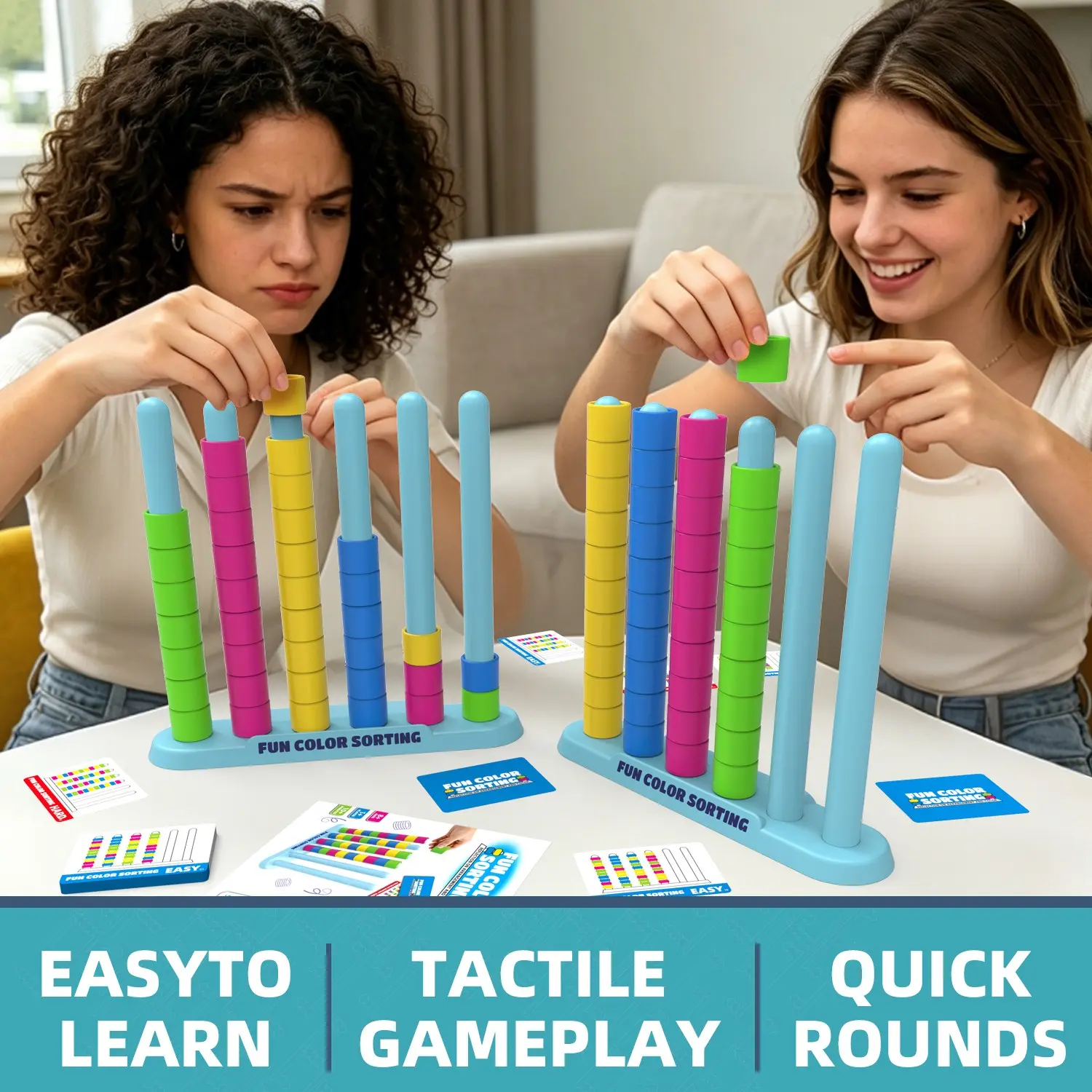 Rainbow Stacking Race & Tower Game 2-Pack, 2 Stands + 50 Challenge Cards + 80 Rings, Boost Focus, Logic & Reaction, Eco ABS, Smooth Edges, Anti-Swallow Large Size, Family Fun Game, Family Game Night, Birthday Gift for Ages 8+