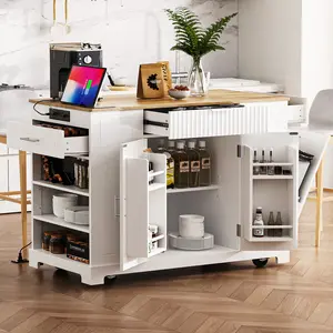 K&K All-in-One Kitchen Island with Built-In Outlet, Hidden Trash Bin, 5-Wheel Rolling Organizer, 3 Drawers, Side Racks, White, 25KG Capacity, Natural Rubber Wood Top, Trendy Two-Tone Design, Certified Safe & Sturdy, Easy Assembly