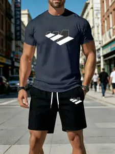 Trendy Men's Logo Print Outfit Set, 2Pcs Geometric Tee & Shorts, Soft Stretch Polyester Summer Clothes, Aesthetic Streetwear for Guys, Perfect for Hanging Out & Casual Wear