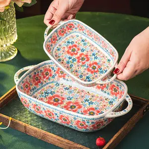 Cute Floral Ceramic Home Tableware High Aesthetic New Arrival Multi-purpose Instant Noodle Bowl Oven Baking Bowl Microwave Safe Double Handle Plate Kitchen Dinnerware Plates