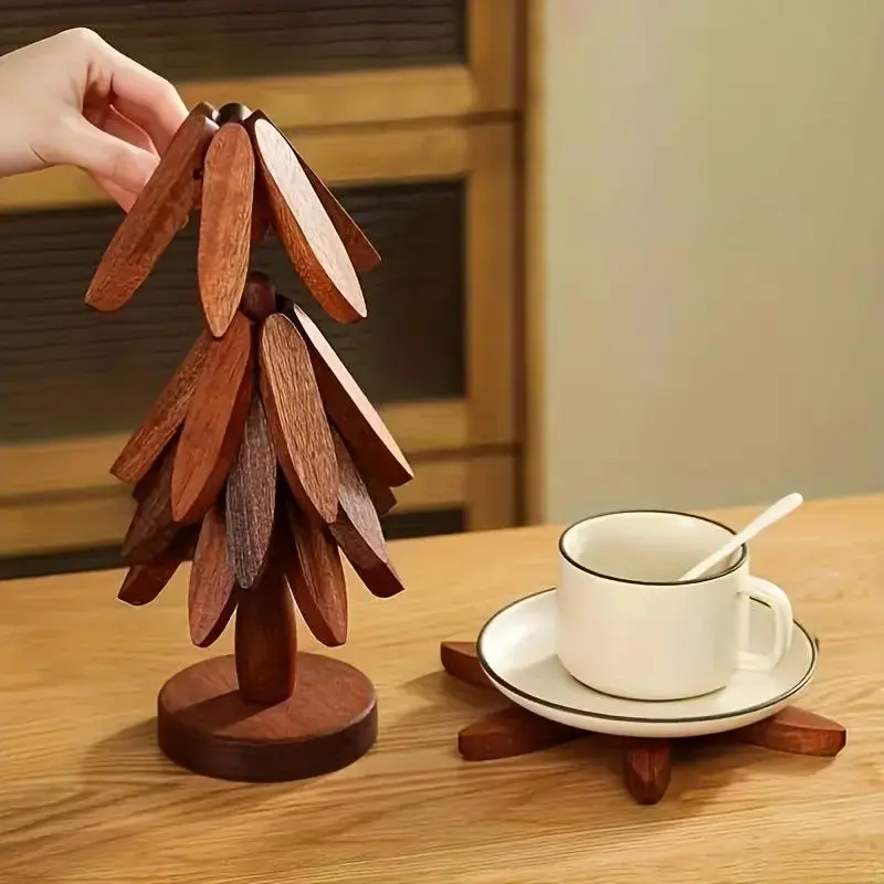 Wooden Tree Trivets for Hot Dishes, Set of 4 with Stand, Natural Foldable Kitchen Trivets and for Pots, Pans, Bowls & Teapots, Christmas Party Decorations, Kitchen Decorative Placemat, Hot Dish Coasters