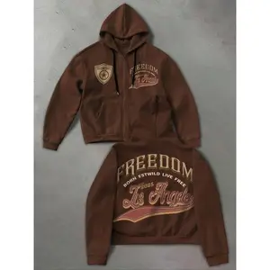 Brown zip-up hoodie with “freedom,” “Los Angeles,” and “unique” prints, perfect for retro and urban styles