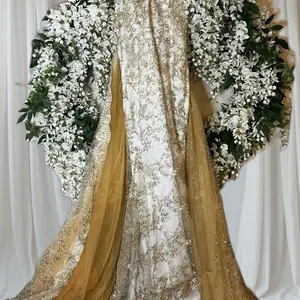 Gold and Ivory Lace Strapless Gown with a Detachable Train Size S-M/4-6