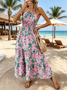 New Elegant Chic Vacation Long Dress, Halter Neck Sleeveless Boho Style Ruffled, Floral Pattern Slim-Fit, Perfect for Parties and Beachwear