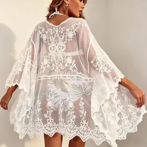 Women's Summer Loose Lace Embroidered Sheer Cover Up, Hollow Out Sun Protection Oversized Bikini Beach Casual Outerwear
