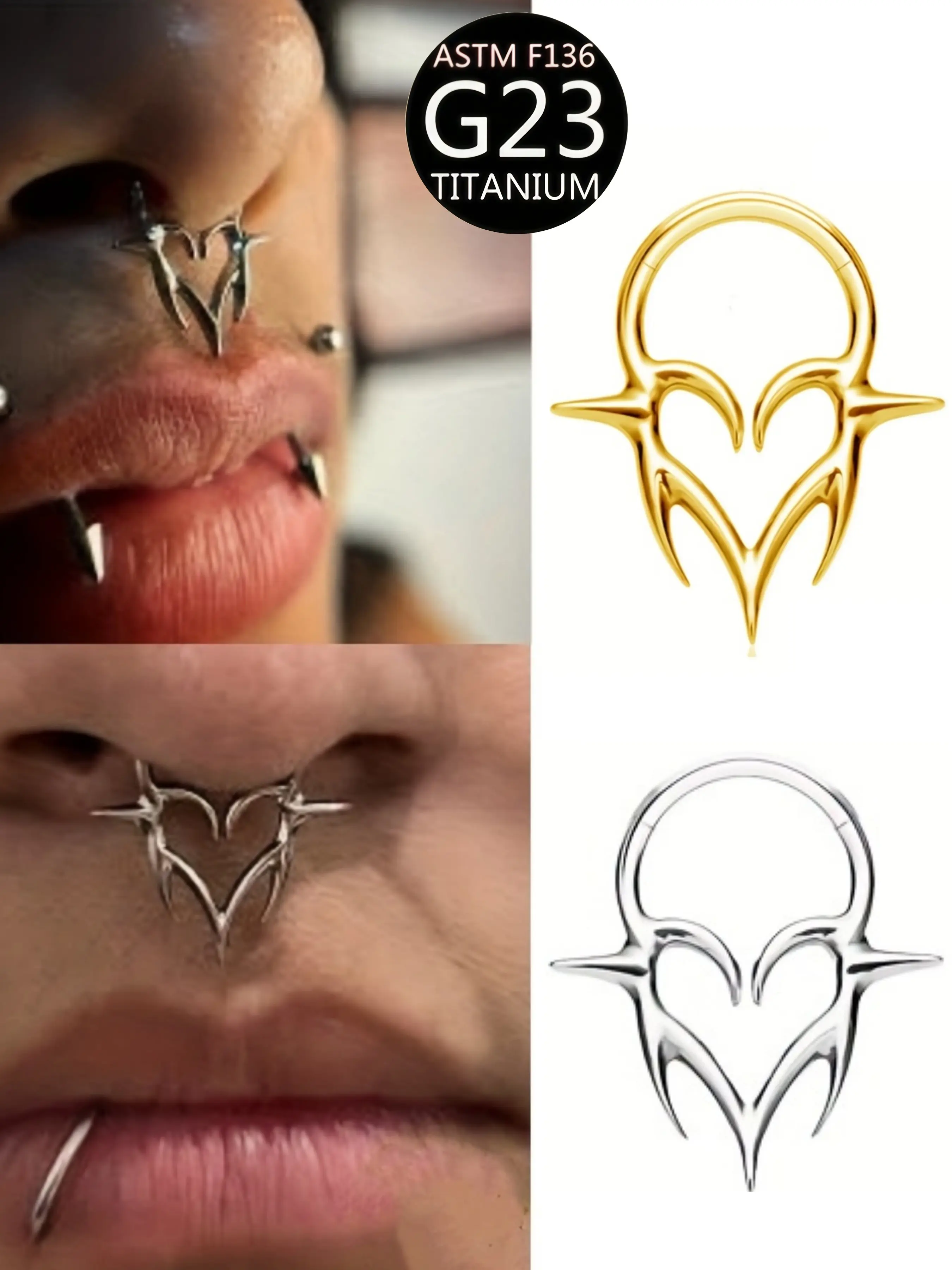 G23 Titanium Hinge Septum Ring, Heart-Shaped Spikes, Gothic Punk Style, 16g, Suitable for Nose, Cartilage, Facial Piercings, Nose Piercing Jewelry, All Seasons