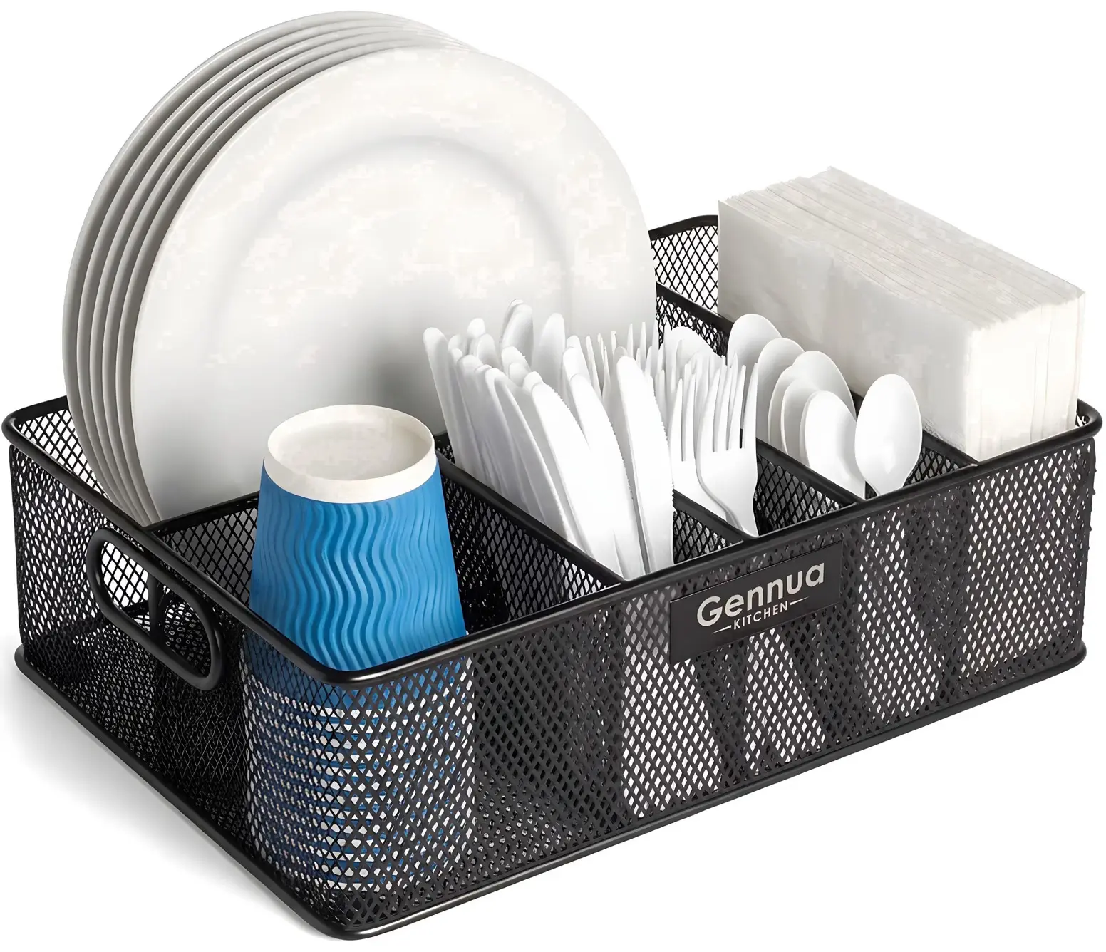 Gennua Kitchen 6-Compartment Metal Paper Plate Organizer, Mesh Utensil Caddy for Plates, Napkins, Forks and Spoons