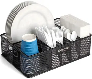 Gennua Kitchen 6-Compartment Metal Paper Plate Organizer, Mesh Utensil Caddy for Plates, Napkins, Forks and Spoons
