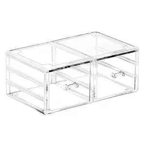 Clear Stacking Make Up Organizers and Storage With 2 Drawers,4.7" Tall   Cabinet Organizer,Plastic Desktop Drawers Organizer for , Undersink, Kitchen Cabinets,Bathroom