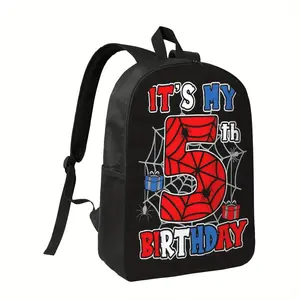 Best Trendy s' 3D Spider Web & Number 5 Birthday Print Backpack - Lightweight Polyester School Bag with Adjustable Straps, Zipper Closure, Black with Red/Blue Accents for School, Daycare, Parties, for Teenager Boys Girls Birthday Gifs for School Supplies