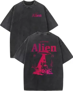 Alien UFO Cowboy Graphic T-Shirt, Vintage Washed Distressed Oversized Retro Sci-Fi Western Streetwear Top, Hot Pink Spaceship Abduction Tee for Men Women, Alien Lover Gift & Trendy Y2K Apparel