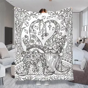 Romantic Gnome Couple Coloring Throw Blanket, Multiple Specifications Available, Colorful Design, Soft Fabric for Cozy Naps, Ideal for Bedroom/Lounge Relaxation, Whimsical Heart - Floral Pattern, Perfect for Adults