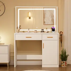 Vanity Desk with 35.4" LED Mirror and Lights, Makeup Vanity Table with Charging Station (2AC/USB/C), Drawers & Large Cabinet, 3 Lighting Color Adjustable, Dressing Table, White Color