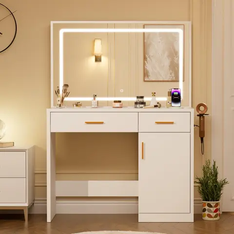 Sweetcrispy White Lighted Makeup Vanity Desk - 35.4" Adjustable 3-Color LED Mirror, 2AC/USB/C Charging Station, Drawers, Large Cabinet & Dresser, Elegant Backlit Makeup Vanity With Lights