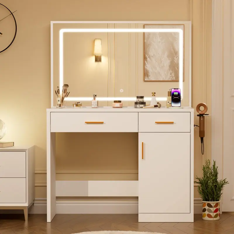 Sweetcrispy White Lighted Makeup Vanity Desk - 35.4" Adjustable 3-Color LED Mirror, 2AC/USB/C Charging Station, Drawers, Large Cabinet & Dresser, Elegant Backlit Makeup Vanity With Lights