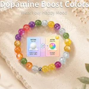Vibrant Sunlight Color-Changing Natural Stone Beaded Bracelet Bohemian Y2K Elastic Handmade Rainbow Candy Rosary Style Bracelet Festivals, Birthdays, and Special Occasions Party Jewelry Vacation Travel Beach Bracelet