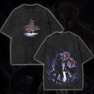 Sword Art Online Aincrad SAO Kirito & Asuna Couple Japanese Retro Vintage Unisex Oversized Anime Graphic Tee – Trendy Y2K Acid Washed Double Printed Cotton T-Shirt, Streetwear Casual Apparel Top, Outf