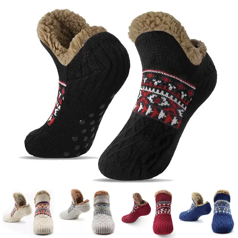 Xelay® Mens Thermal Slipper Socks Fur Lined Anti Slip Gripper Argyle Fairisle Pattern Extra Warmth Rating Winter Sherpa Fleece Crew Size Uk 6 11 Black Fairisle