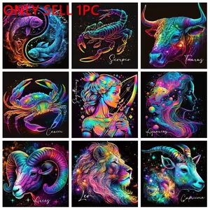 1PC Neon Galaxy Zodiac Diamond Painting Kit. Diamond Pattern Design 12 Constellation Designs with Vibrant Rainbow Neon & Starry Space Background. Cool Cosmic Wall Art, Personalized Gift for Astrology Fans, Easy DIY Craft with All Tools