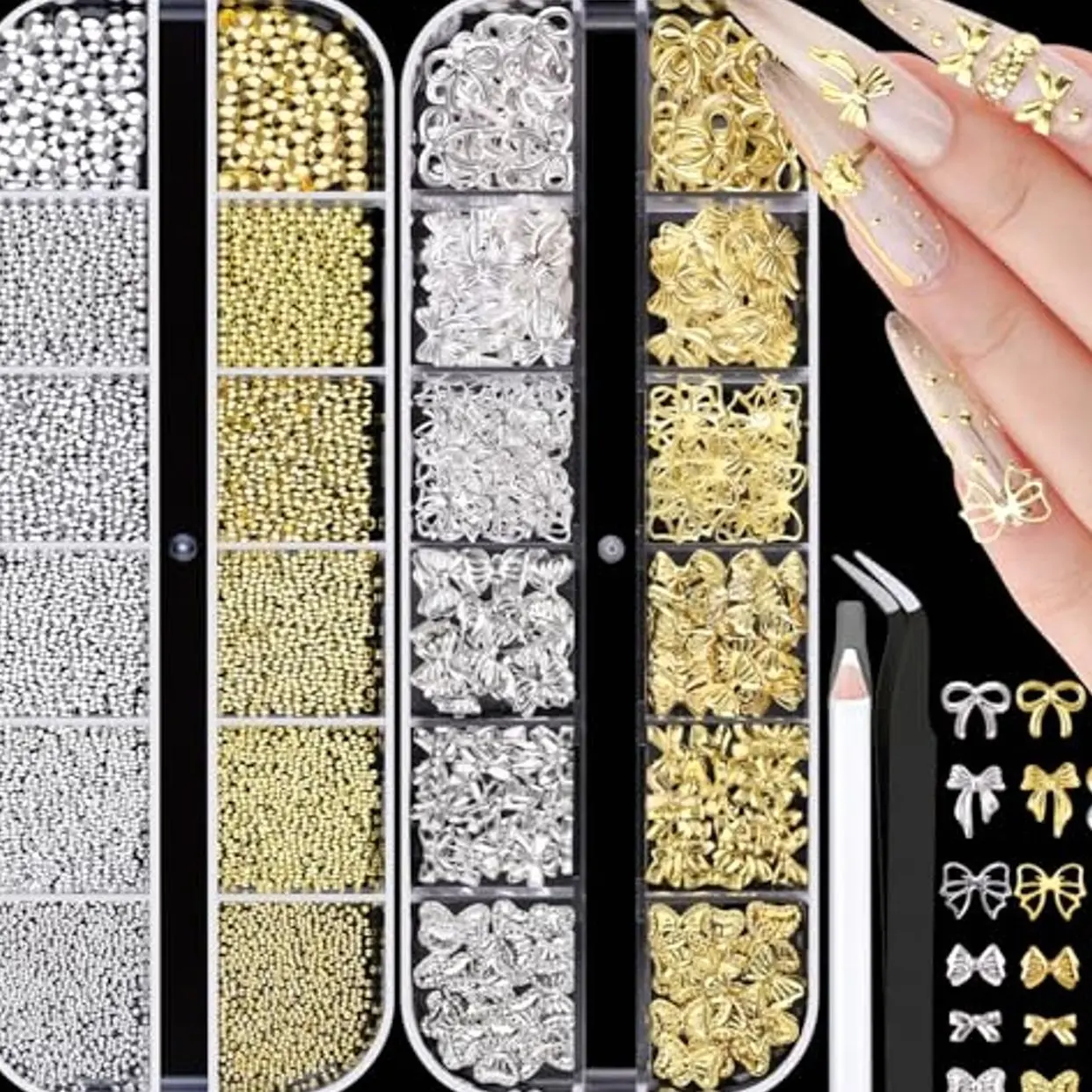Gold & Silver Bows and Beads with Tweezers,Pick-up Pencil