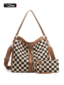 Checkered Plaid Pattern Women Large Crossbody Bags Ladies Satchel Shoulder Handbags Purse and Wallet Set for Women Totes Hobo Purses with Adjustable Strap For Work, Travel Fashionable Patterned Bag