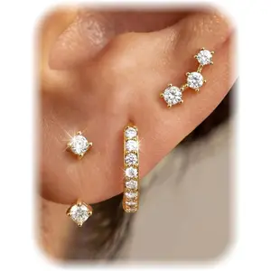 3 Pairs Silver Hypoallergenic Earrings for Women Trendy - 14K Gold Plated Stud Hoop Cartilage Earrings Set Small Earring Stacks for Sensitive Ears Non Tarnish Dainty Silver Earring