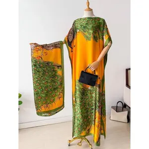 1pc Faux Silk Peacock Print Robe, Shawl & Scarf Set, Women Coverup For Beach, Sun Protection, Daily Wear
