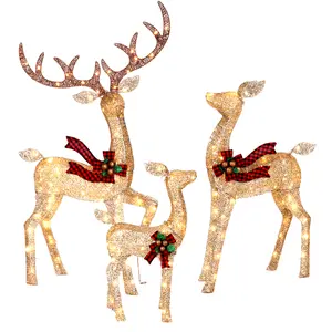 FOOWIN 3D Large Lighted Christmas Deer Family Set, 3-Piece 4.8Ft Pre-Lit Reindeer Outdoor Christmas Decoration with 210 LED Lights, Red Bows,Stakes, for Yard Patio Lawn Garden Courtyard