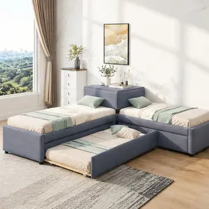 ARCH Twin L-Shaped Upholstered Platform Bed with Trundle and Two Drawers Built-in Desk, Linen Gray, Solid Wood Construction, No Box Spring Needed, Space-Saving Corner Bed for Kids Bedroom, Combo Set, Twin Size Options, Gray Color Options