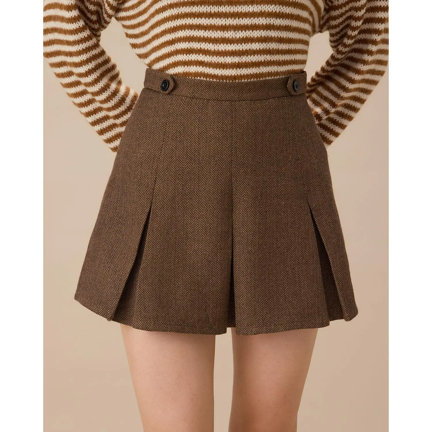 RIHOAS Women's Brown Pinstripe High Waisted Pleated A Line Polyester Mini Skirt with Button Accents, Women's Bottoms for Office Wear, Quick Dries Fabric with Flattering Fit, Dries Fast, A-Line Skirt, Business, Above Knee Skirts