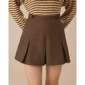 Brown Striped Pleated Mini Skirt