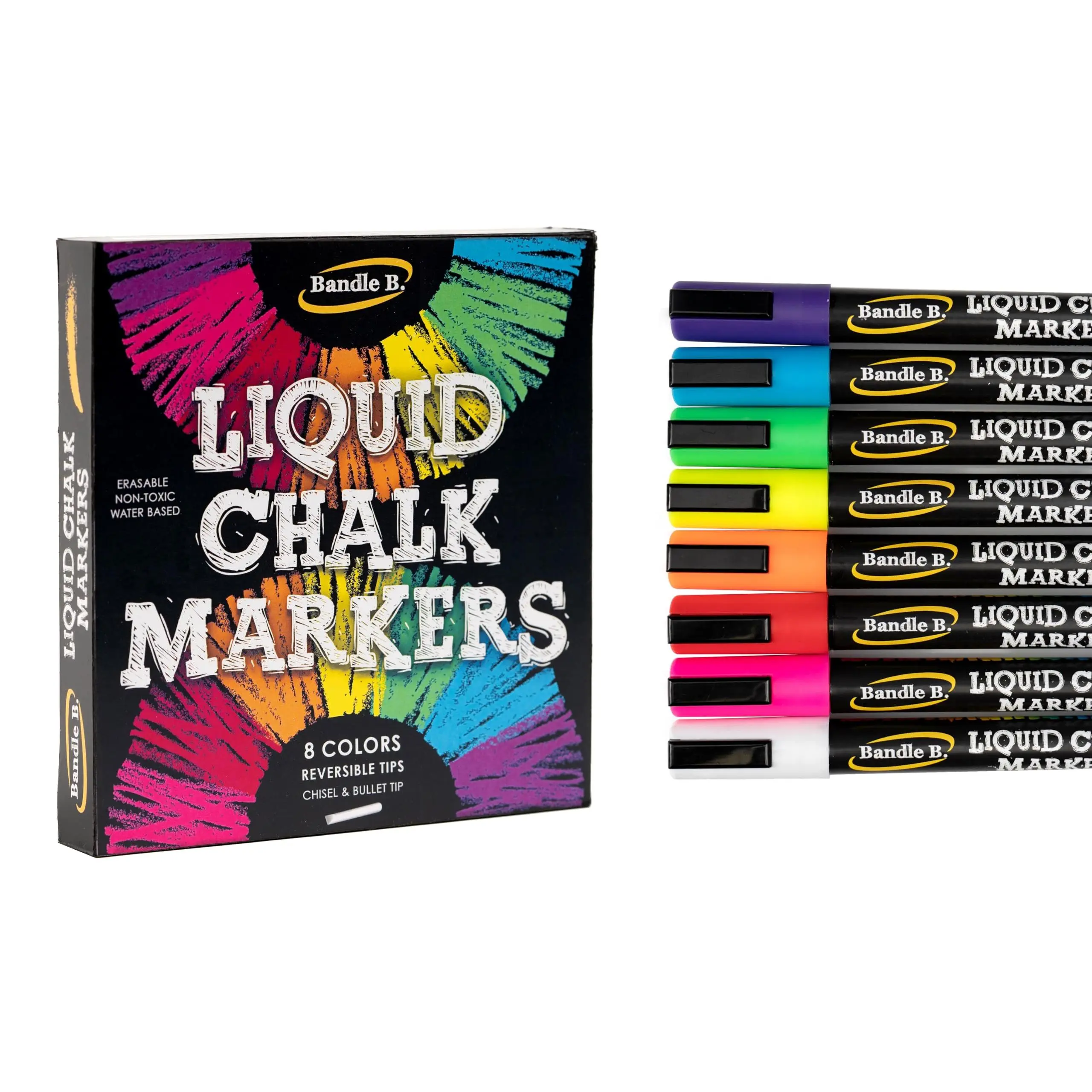 Bandle B. Vibrant Liquid Chalk Markers-Reversible Chisel/Bullet 6mm Tips, Erasable, Non-Toxic, Water-Based Chalk Pens for Adults and Kids marker sets