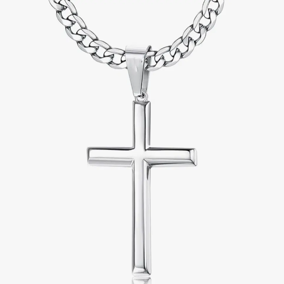 Cross Pendant Necklace, Stainless Steel Diamond-Cut Cuban Link Chain, Father's Day Gift, Spiritual Faith Jewelry, Unisex Accessory for Men and Women, Men's Fashion Accessory, Everyday Wear Jewelry