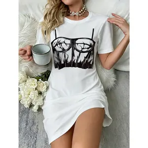 Grunge Corset Print White T-Shirt Dress | Edgy Aesthetic Casual Tee Dress