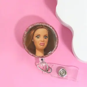 Cringe Doll WTF Badge Reel, Funny Nurse Gift, Disgusted Doll Face, Work ID Clip