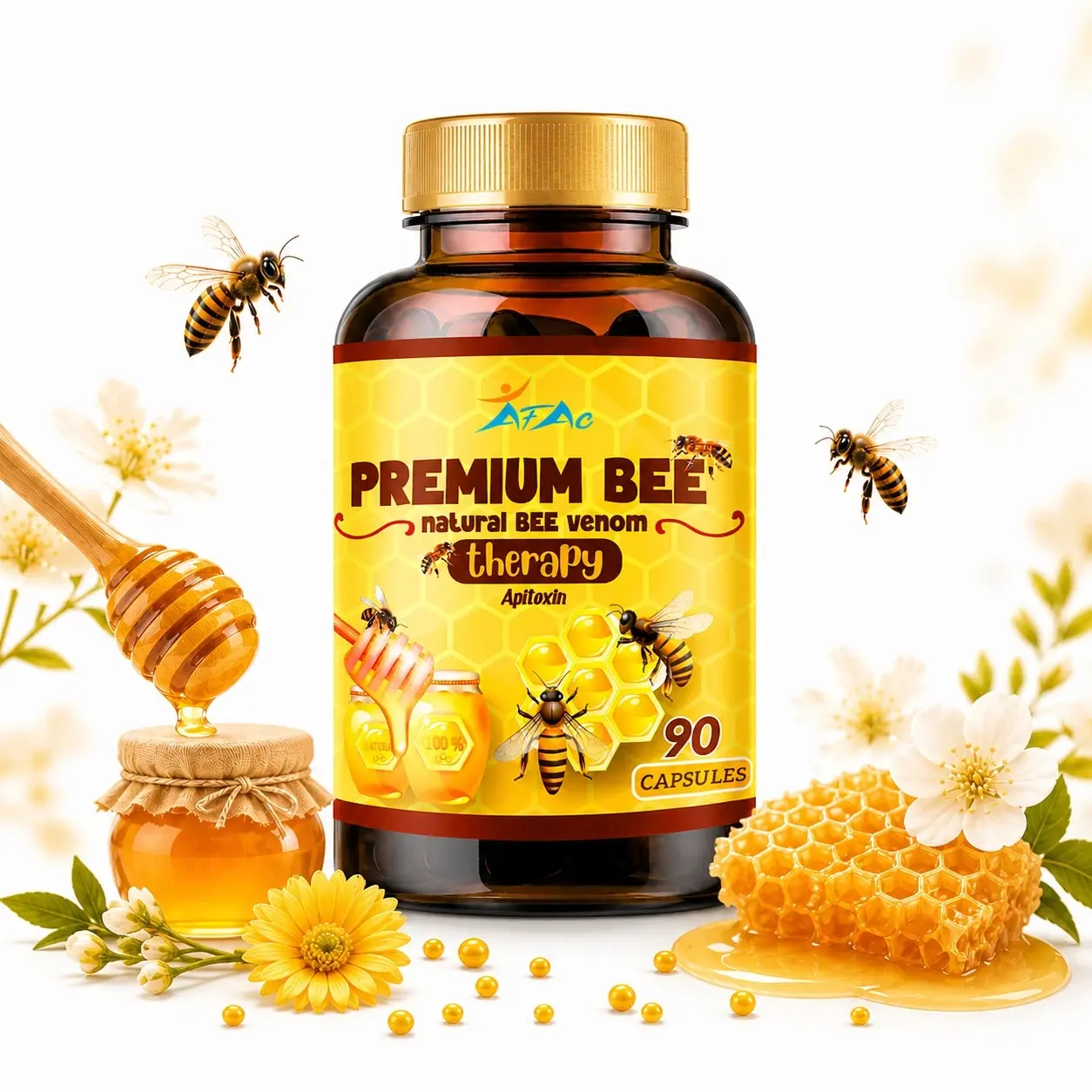 Bee Venom Therapy Capsules w/ Glucosamine & Manuka Honey Natural Apitoxin 90 Ct Daily Wellness Formula Dietary Supplement
