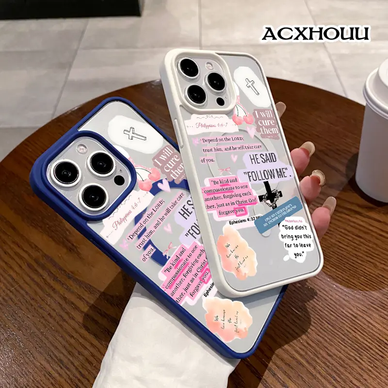 Pink Christian Stickers Collage With Bible Verses Pattern Magnetic Phone Case for iPhone 17 16 15 14 Pro Max 13 12 11 XR XS Plus Anti-Yellowing Shockproof Lightweight Transparent Acrylic Soft Cover Supports Wireless Charging