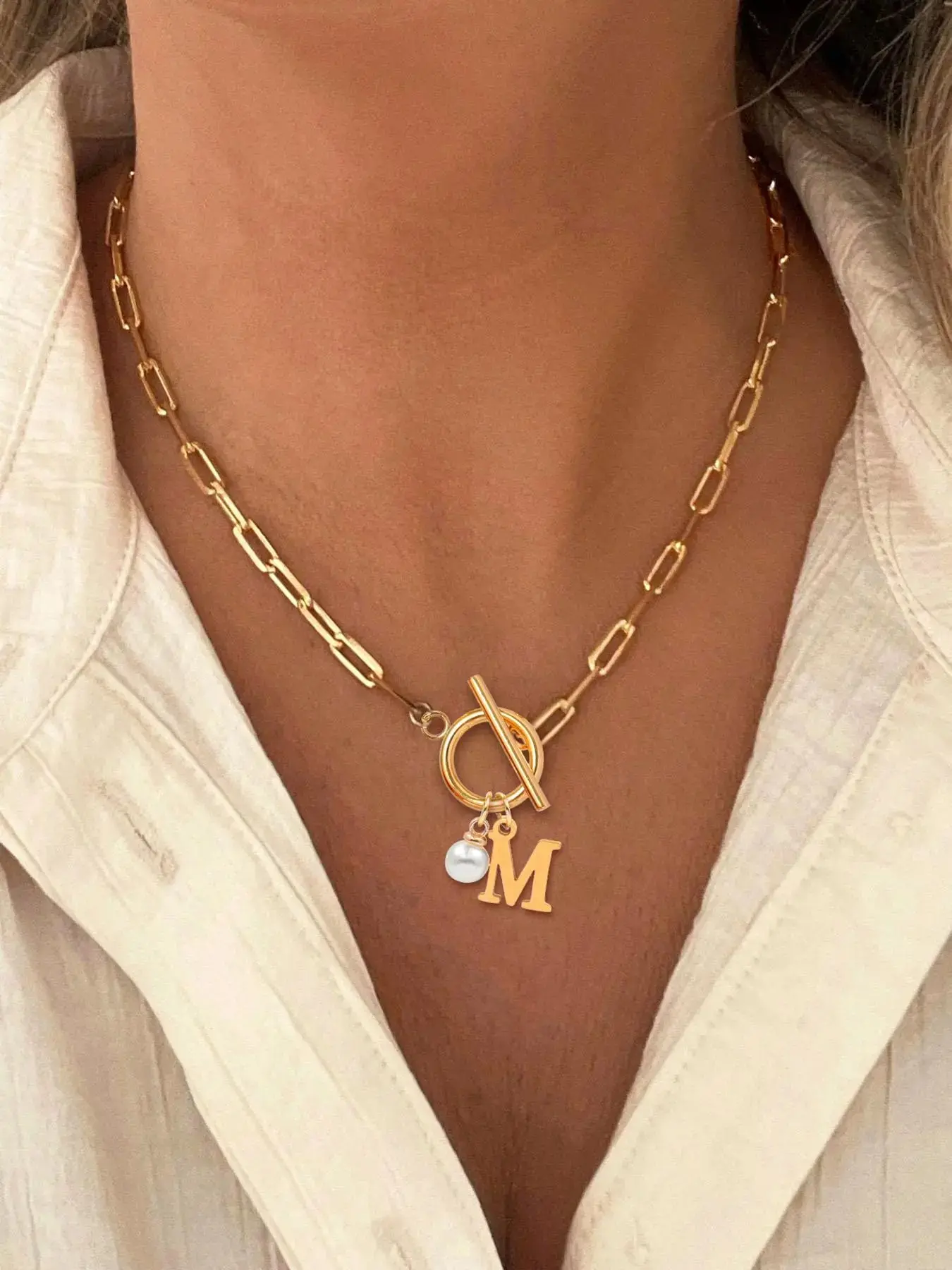Women's Elegant Faux Pearl Decor OT Buckle Pendant Necklace, Exquisite Trendy Letter Charm Pendant Necklace, Fashion Vintage Chic Gorgeous Jewelry for Party & Daily Decor, Necklace Initial, Alphabet Necklace
