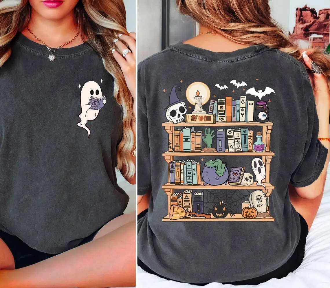Comfort Colors Spooky Ghost Reading Shirt, Halloween Bookshelf Graphic Tee with Pumpkin, Skull, Bat & Witch Decor, Fall Book Lover Gift T-Shirt
