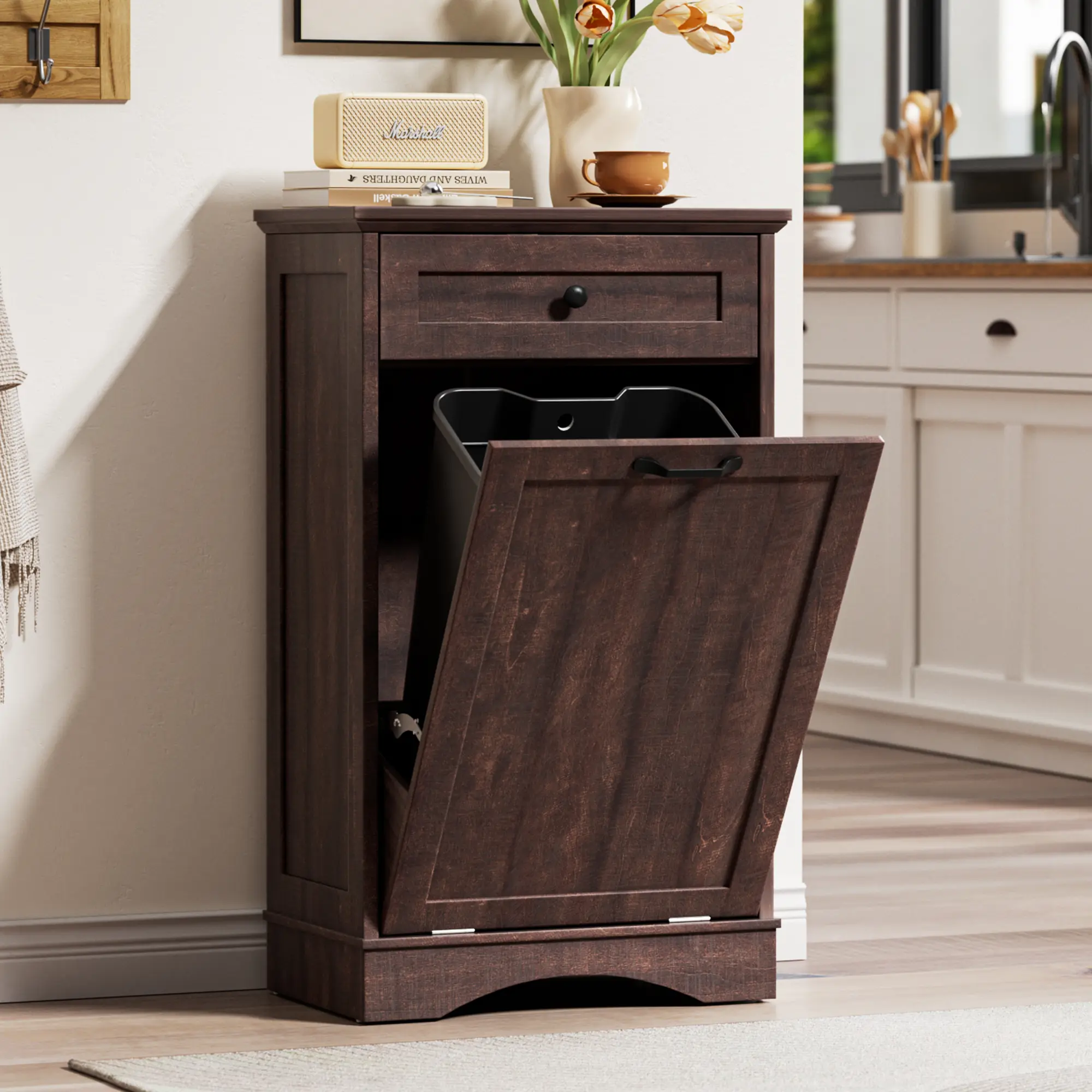 AHB 13 Gal Rectangular Durable Sturdy Engineered Wood Tilt-Out Cabinet with Drawer, MDF Panels, Pet-Proof Hidden Trashcan, Freestanding Kitchen Trash Can Cabinet for Laundry, #SohoChic (Trash Can Not Included)