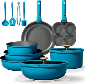 CAROTE 21Pcs Pots and Pans Set, Nonstick Cookware Set Detachable Handle, Induction Kitchen Cookware Sets Non Stick with Removable Handle, RV Cookware Set, Peacock Blue