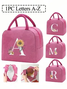 Insulated bag with a letter print pattern, lunch bag, tote bag, lunch box, ice pack, picnic food tote, lightweight portable canvas lunch storage bag, school or office picnic lunch tote, convenient to carry to school or work, holiday gift