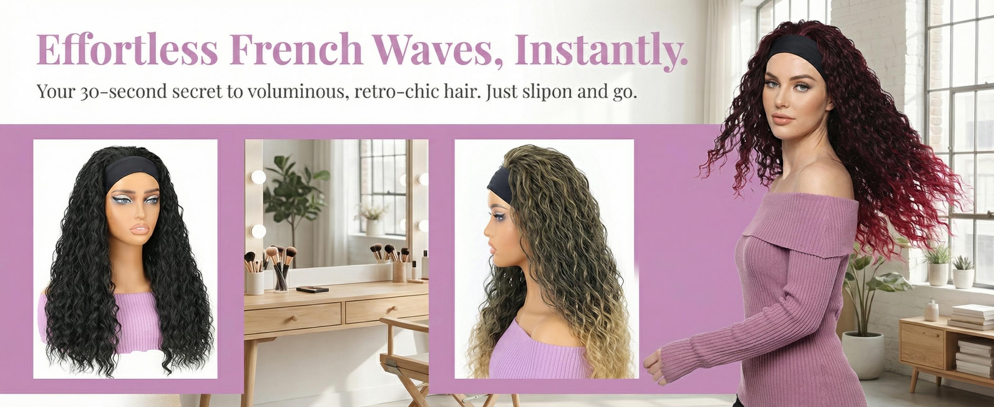 Silk Satin Ribbon Deep Wave Synthetic Headband Wig - No glue, no lace design, convenient headband wig for women without the need for adhesive | Four Seasons Series Deep Wave Hair Accessory Beauty Enhancer